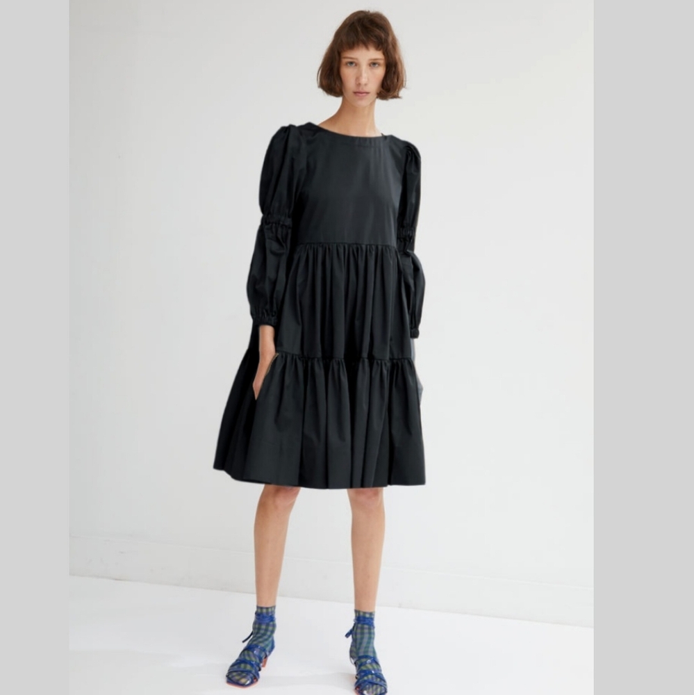 MOLLY GODDARD Runway "Milla" Blk Cotton Tiered Long Sleeve Midi Dress XS
